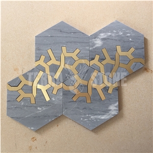 Gray And Gold Hexagon Pattern Water Jet Marble Mosaic