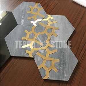 Gray Marble Hexagon Mosaic Water Jet With Brass Tile