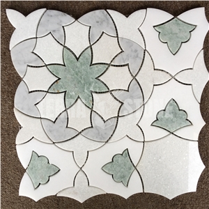 Green White Marble Flower Design Waterjet Mosaic Tile