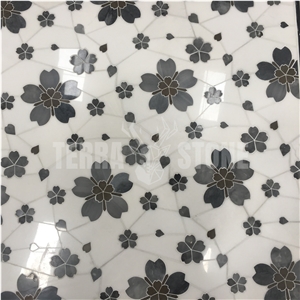 Grey Flower Waterjet Mosaic Natural White Marble Floor Tile