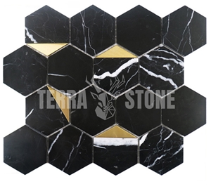 Hexagon Mosaic Nero Marquina Waterjet Marble Tile With Brass