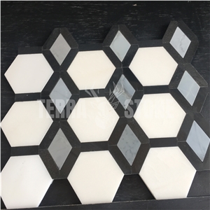 Hexagon White And Black Marble Waterjet Mosaic Tile