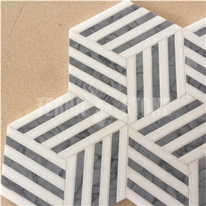 Hexagon White And Grey Marble Trips Mosaic Bathroom Floor