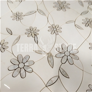 Kitchen Backsplash Marble Pearl Mosaic Floral Water Jet Tile