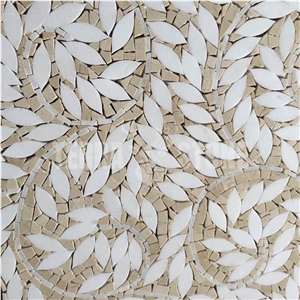 Leaf Pattern Chipped Marble Mosaic Tile White Stone Desgin