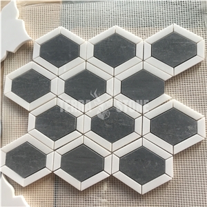Long Hexagon White And Grey Marble Mosaic Tile