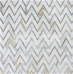 Marble Herringbone With Gold Metal Waterjet Mosaic Tile