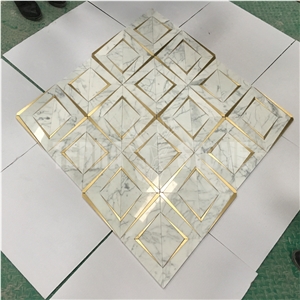 Metal Brass And Carrara White Marbl Water Jet Mosaic Tile