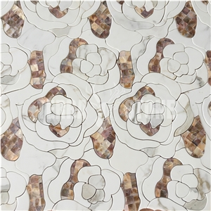 Mother Of Pearl Shell Marble Mosaic Waterjet Floral Tile