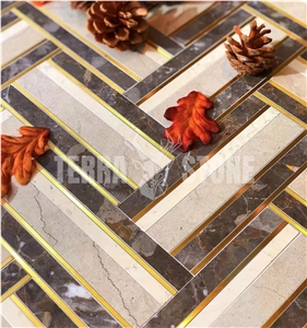 Natural Marble Mosaic With Brass Herringbone Waterjet Tile