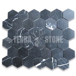 Nero Marquina Black Marble 2 Inch Hexagon Mosaic Tile