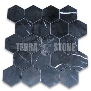 Nero Marquina Black Marble 3 Inch Hexagon Mosaic Tile