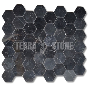 Nero Marquina Black Marble 5 Inch Hexagon Mosaic Tile