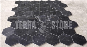 Nero Marquina Black Marble 6 Inch Hexagon Mosaic Tile