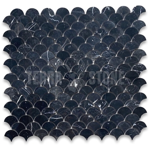 Nero Marquina Black Marble Fish Scale Fan Shape Mosaic Tile