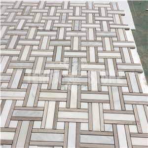 Oriental White Marble And Wooden Marble Basketweave Mosaic