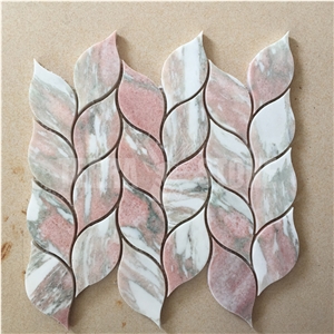 Red Marble Stone Mosaic Tile Leaf Pattern Waterjet Tiles