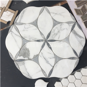 Statuario White Marble Waterjet Mosaic Tile Floral Design