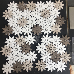 Thassos Marble Grey Wood Daisy Design Waterjet Mosaic Tile