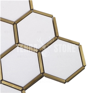 Thassos White Marble Hexagon Mosaic With Brass Inlay Tile