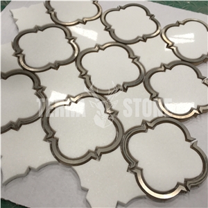 Thassos White Marble Lantern Arabesque Metal Waterjet Mosaic