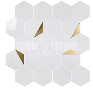 Thassos White Marble Mosaic Hexagon With Triangle Brass Tile