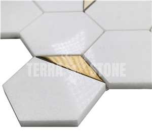 Thassos White Marble Mosaic Hexagon With Triangle Brass Tile