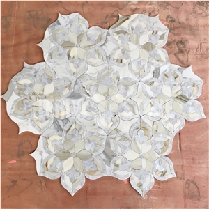 Thassos White Marble Shell Mosaic Tile Flower Waterjet