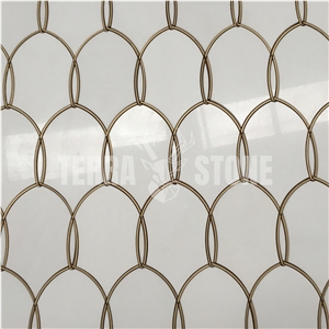 Thassos White Marble Waterjet With Brass Inlay Mosaic Tile