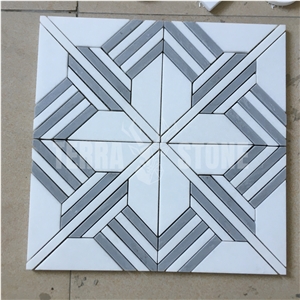Water Jet Cross Pattern White And Grey Marble Mosaic Tile