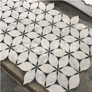 Water-Jet Statuario White Marble Mosaic Floral Design Tile
