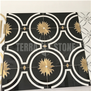Waterjet Black Marble Mosaic Inlay Gold Brass Wall Tile