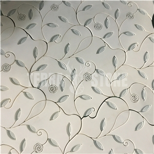 Waterjet Mosaic Flower Crystal Glass Leaf Marble Tile