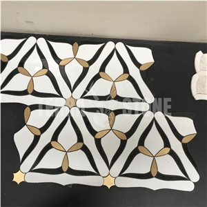 Waterjet Thassos White Marble With Brass Mosaic Wall Tile