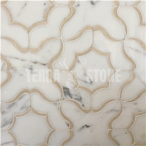 Waterjet White And Beige Marble Mosaic Tile Kichen Bathroom