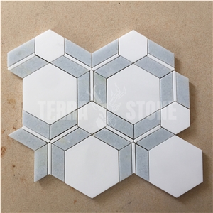 Waterjet White Blue Thassos Marble Hexagon Mosaic Tiles