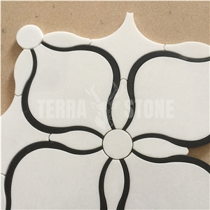 Waterjet White Mix Black Marble Mosaic Patterns For Wall