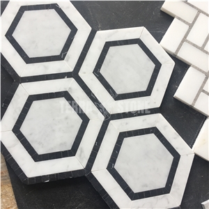 White And Black Marble Big Hexagon Waterjet Mosaic Tile