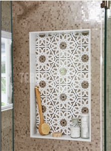 White And Brown Marble Chipped Mosaic Mural Flower Design