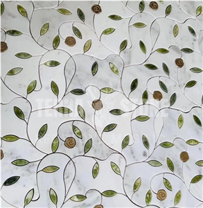 White And Green Waterjet Marble Mosaic For Home Decoration