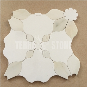 White Beige Stone Parquet Waterjet Flower Marble Mosaic