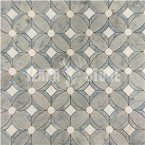 White Blue Marble Mosaic Waterjet Kitchen Backsplash Tile