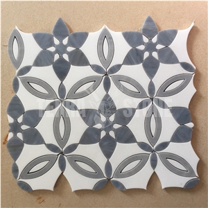 White Marble And Blue Glass Waterjet Floral Mosaic Tile
