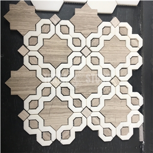 White Marble And Grey Wood Grain Mosaic Water-Jet Tile