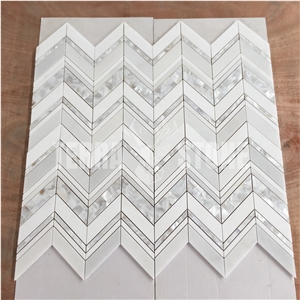 White Marble And Mother Of Pearl Shell Chevron Mosaic
