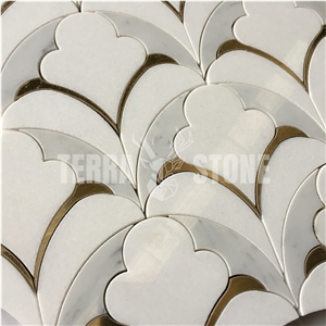 White Marble With Brass Fish Scale Waterjet Mosaic Wall Tile