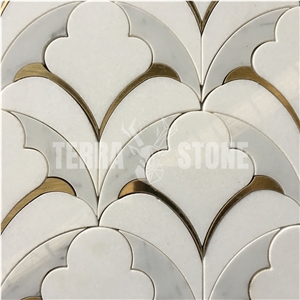 White Marble With Brass Fish Scale Waterjet Mosaic Wall Tile