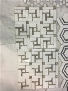 White Marble With Grey Stone Pinwheel Mosaic Floor Tile