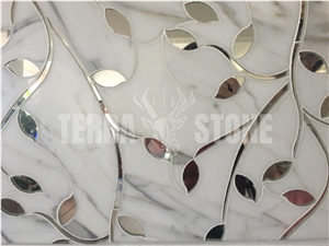 White Marble With Mirror Waterjet Leaf Design Mosaic Tile