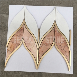 White Red Marble Leaf Design Brass Waterjet Mosaic Wall Tile
